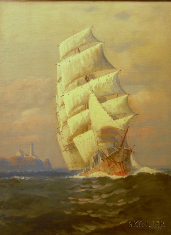 Appraisal: Framed Oil on Canvas of a Ship with a Distant