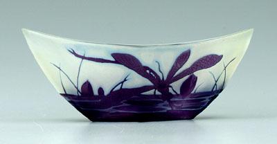 Appraisal: Galle boat-shaped dish purple dragonflies with lily pads on frosted