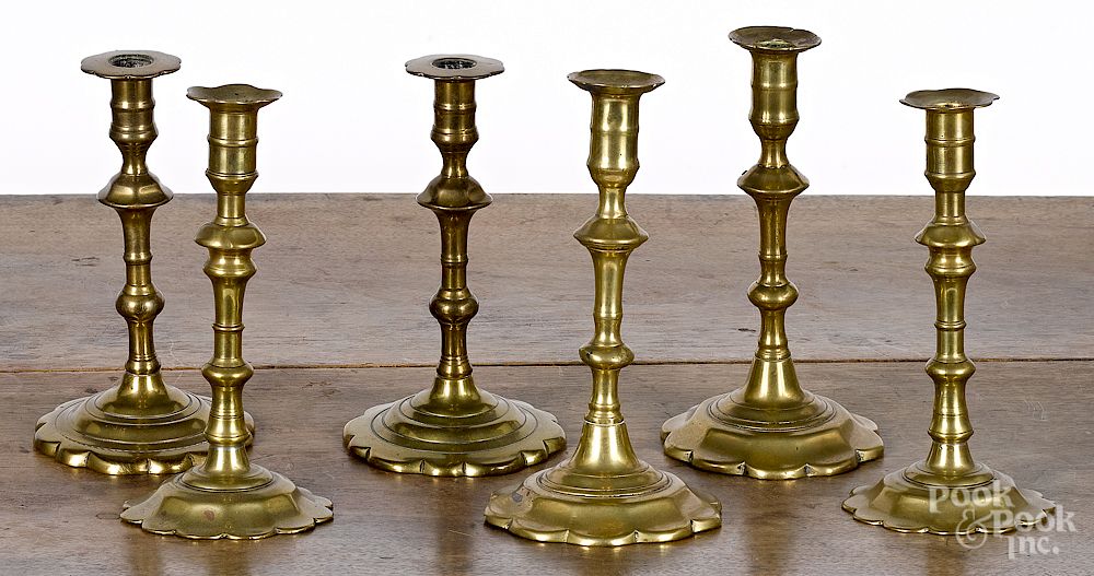 Appraisal: Three pairs of Queen Anne brass candlesticks Three pairs of