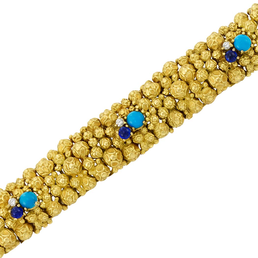 Appraisal: Gold Turquoise Cabochon Sapphire and Diamond Bracelet kt ap dwts