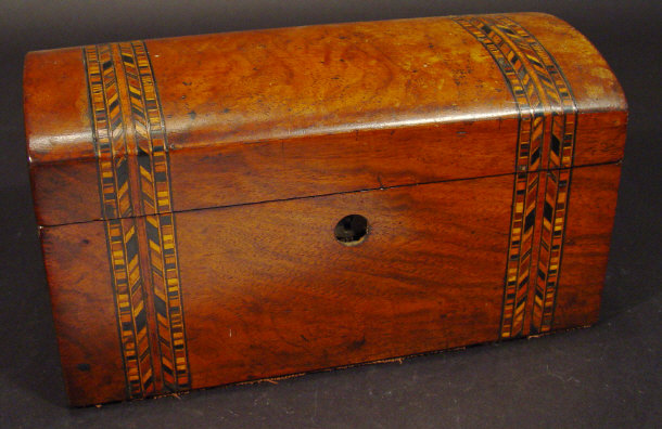 Appraisal: Victorian inlaid mahogany tea caddy the domed top opening to