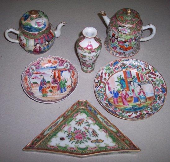 Appraisal: Two Cantonese teapots an hors d'oeuvres dish a vase and