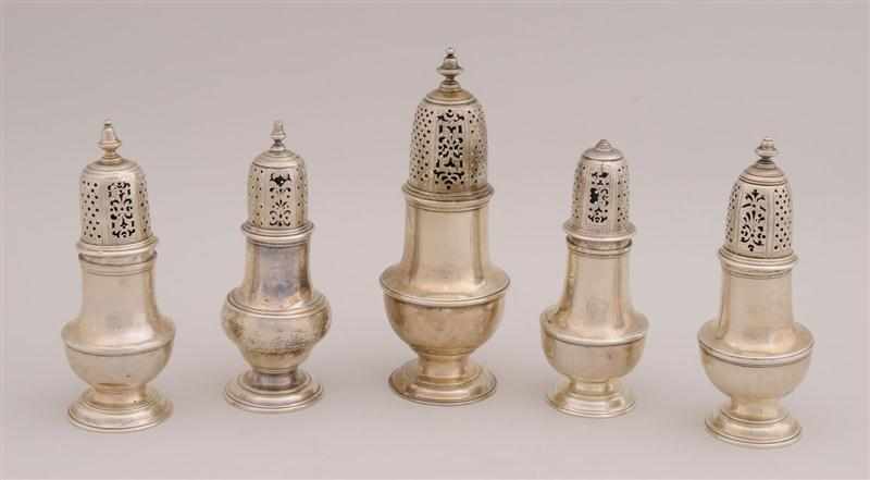 Appraisal: ASSEMBLED SET OF THREE GEORGE II SILVER BALUSTER-FORM CASTERS AND