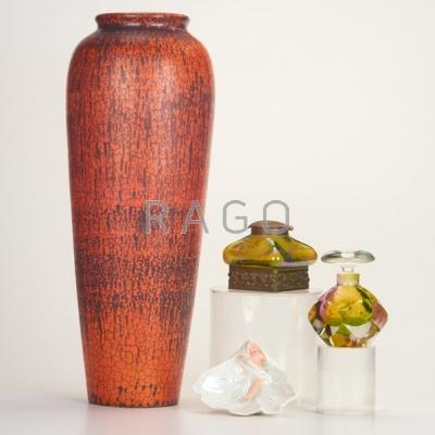 Appraisal: DECORATIVE GROUP Four pieces tall Camark pottery vase in orange