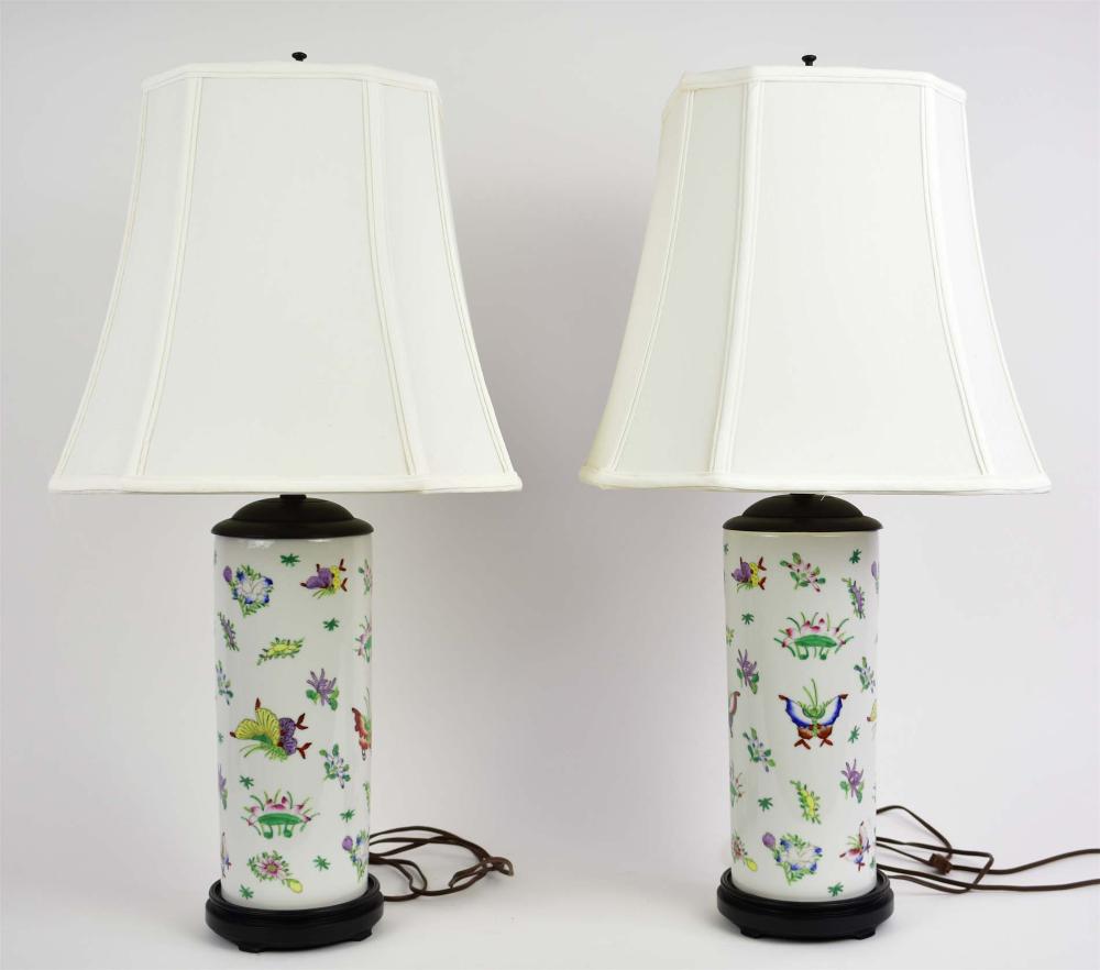 Appraisal: PAIR OF CHINESE PORCELAIN LAMPSModern Cylindrical decorated in famlle rose