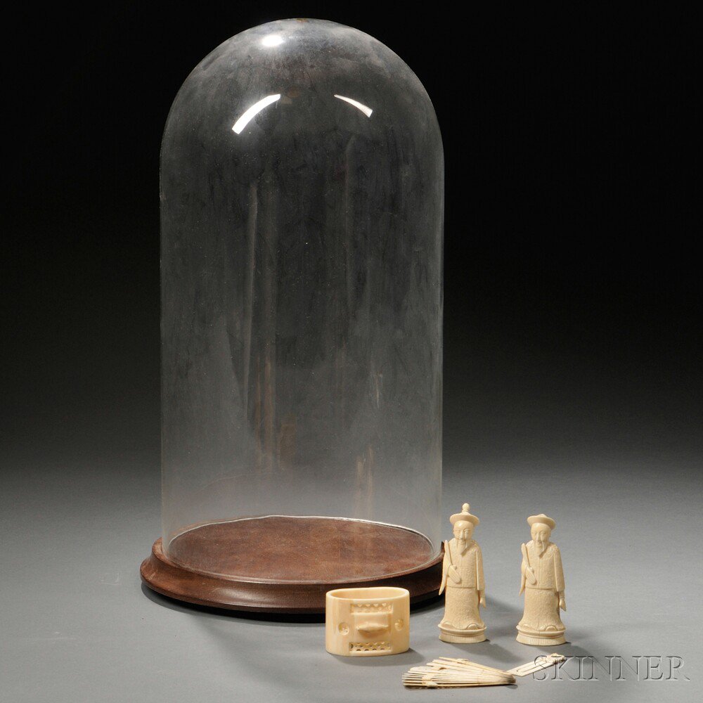 Appraisal: Five Ivory Items and a Glass Dome two figurines ht