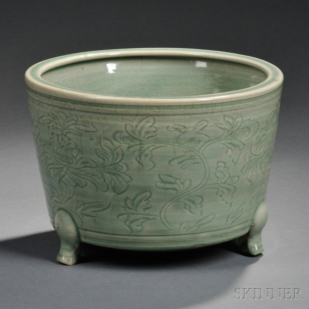 Appraisal: Tripod Celadon Censer China Ming Dynasty or later the cylindrical