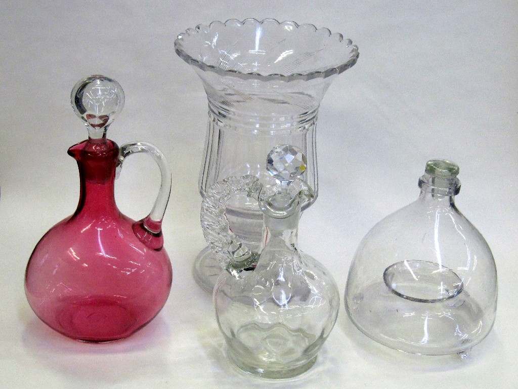 Appraisal: Cut glass celery vase bee trap cranberry glass decanter and