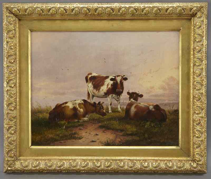 Appraisal: Continental oil painting on canvas depicting cows in landscape Canvas