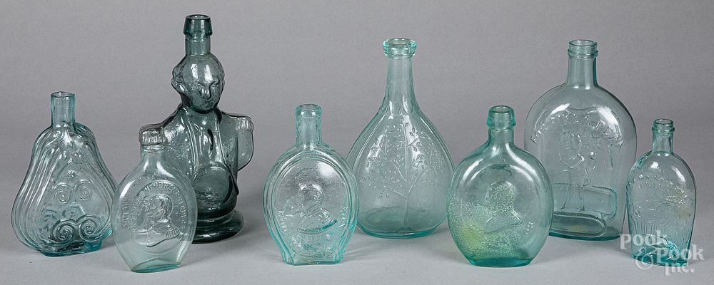 Appraisal: Historical aquamarine glass bottles and flasks Eight historical aquamarine glass