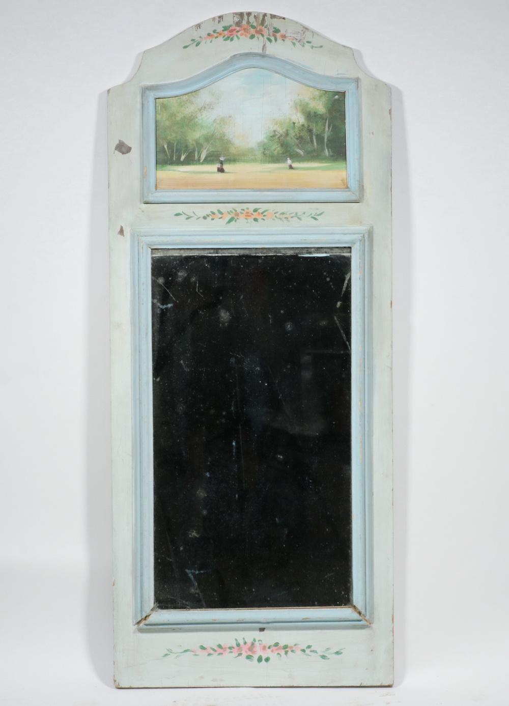 Appraisal: FOLK ART PAINTED TRUMEAU FRAME MIRROR Pine Arch Top Sky