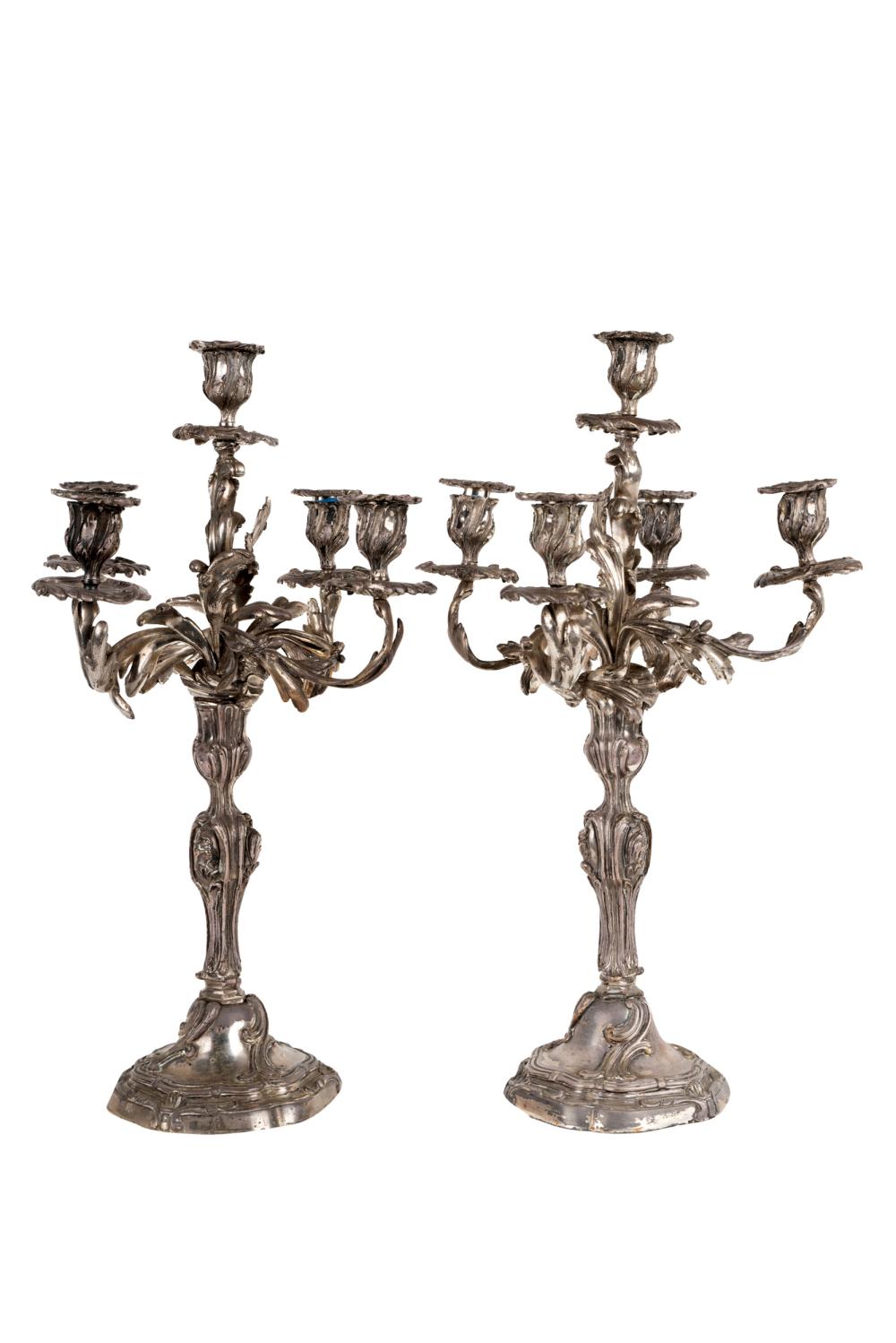 Appraisal: PAIR OF SILVERED BRONZE CANDELABRAeach with five lights Condition both