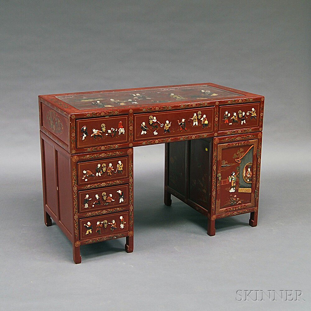 Appraisal: Red-lacquered Chinese Double-pedestal Desk the paneled top with inset figural