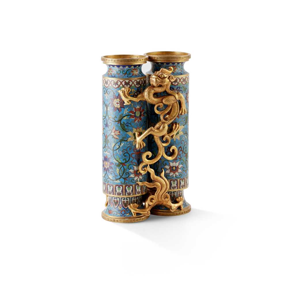 Appraisal: GILT-BRONZE CLOISONN ENAMEL CHAMPION VASE TH CENTURY the double cylindrical