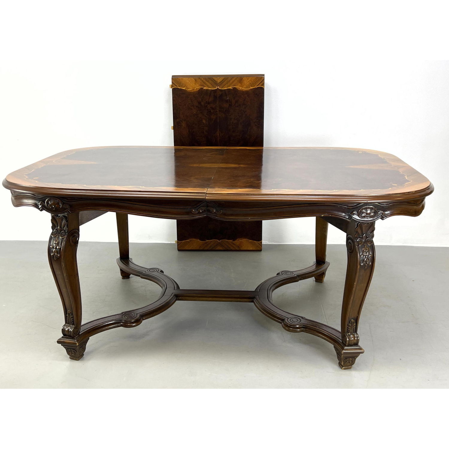 Appraisal: Banded Inlaid Antique Dining Table Carved skirt legs and stretcher