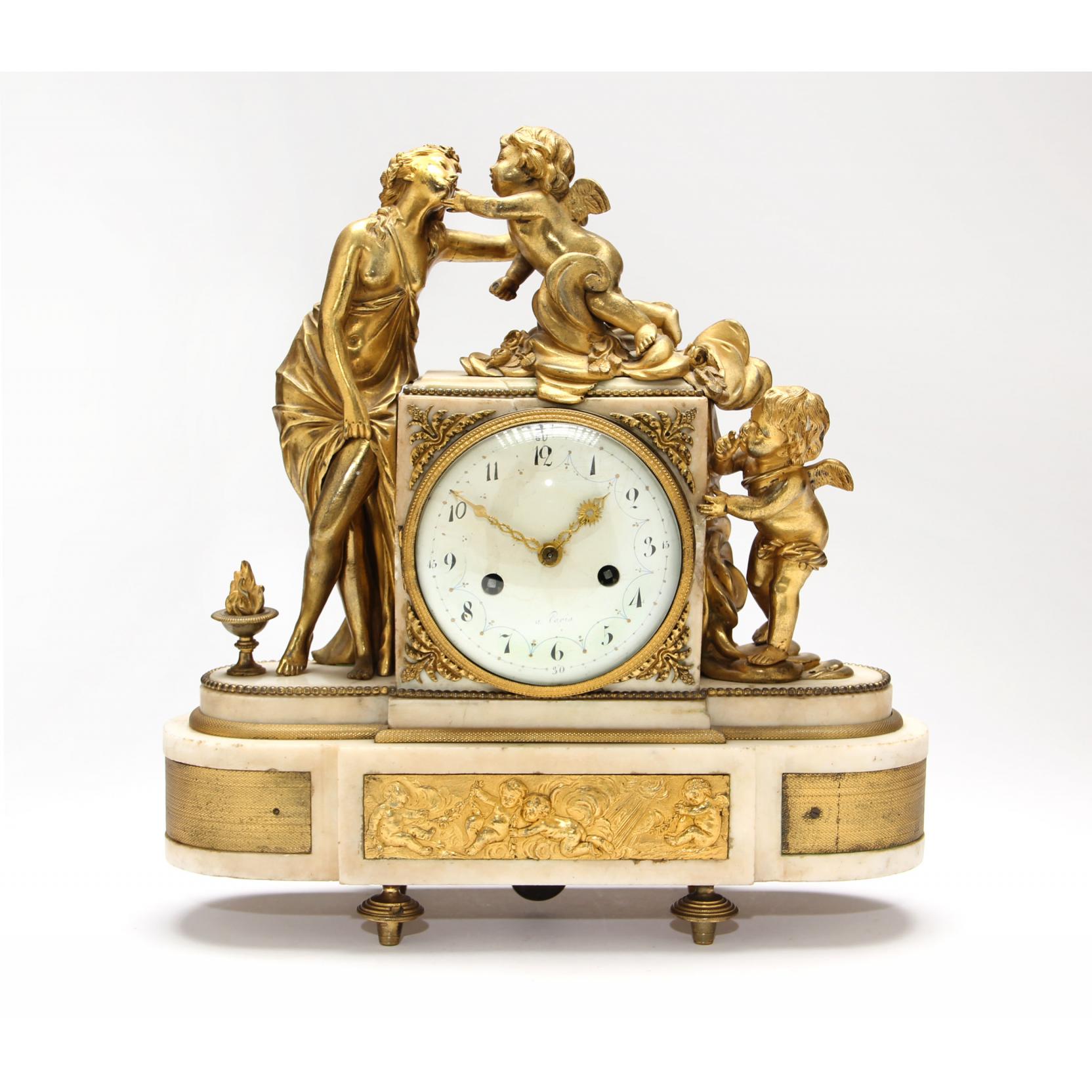 Appraisal: French Marble Mantle Clock th century gilt bronze figure of