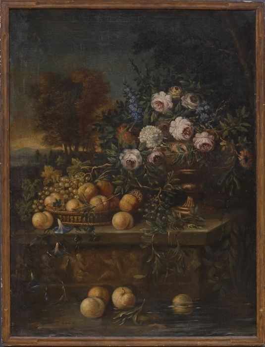 Appraisal: CONTINENTAL SCHOOL STILL LIFE WITH FLOWERS AND FRUIT IN A