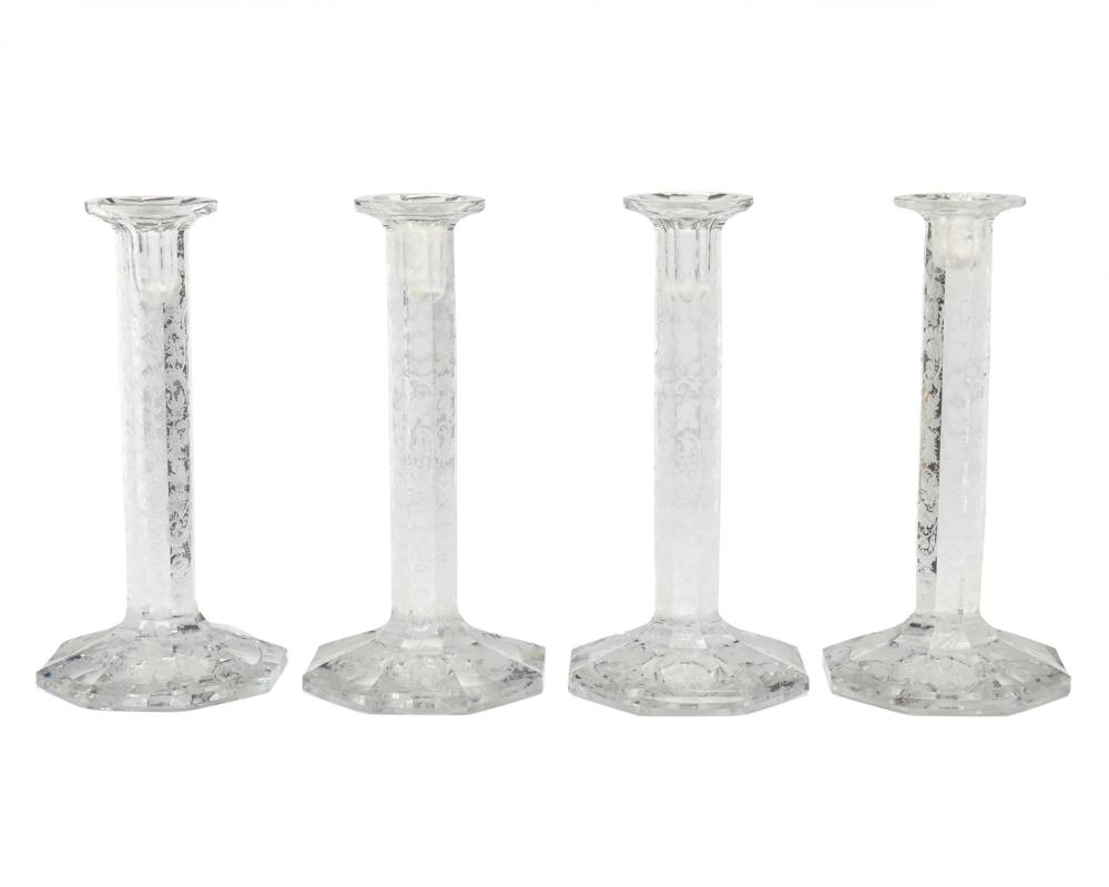 Appraisal: Four H P Sinclaire Company etched crystal candlesticks Circa -