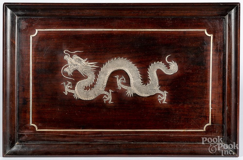 Appraisal: Chinese silver inlaid rosewood tray Chinese silver inlaid rosewood tray