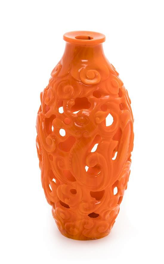 Appraisal: A Small Realgar Glass Openwork Chilong Bottle Height inches A