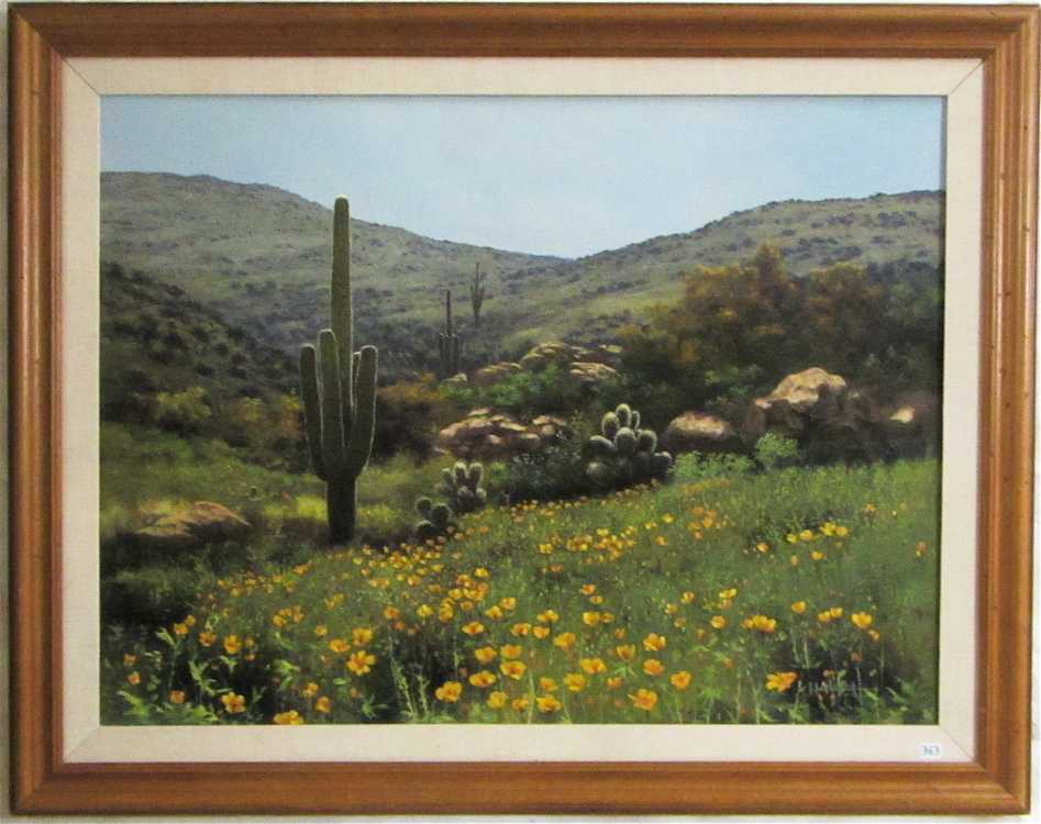 Appraisal: SONORAN DESERT OIL ON CANVAS flowers and saguaro cacti with