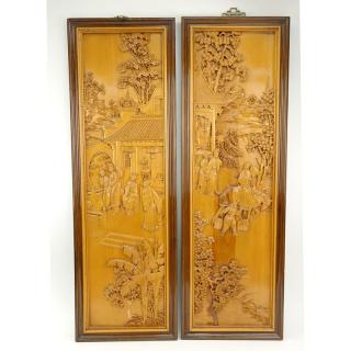 Appraisal: Pair of Mid th Century Chinese Carved Wood Relief Panels