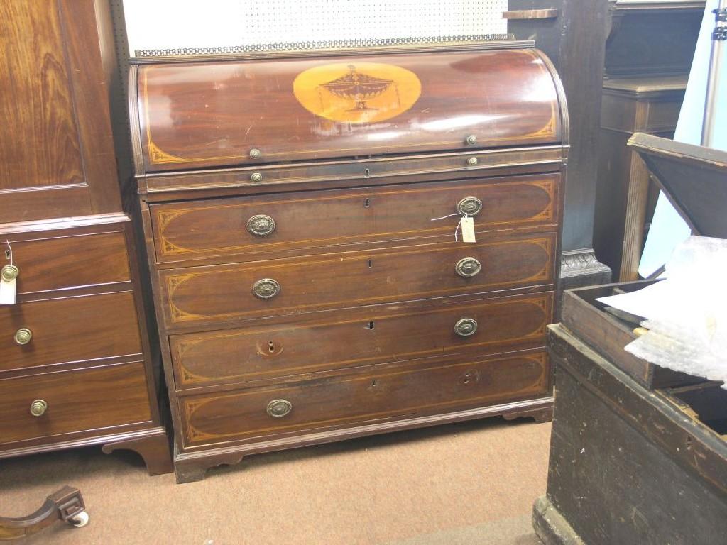 Appraisal: A George III inlaid mahogany cylinder desk cylinder front brightly