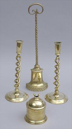 Appraisal: GROUP OF FOUR ENGLISH BRASS ARTICLES Comprising a pair of