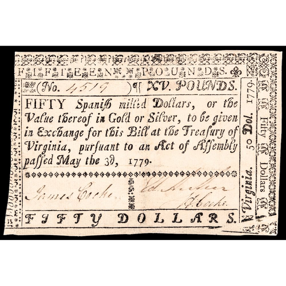 Appraisal: Colonial Currency Treasury of Virginia May Large Format Note Virginia