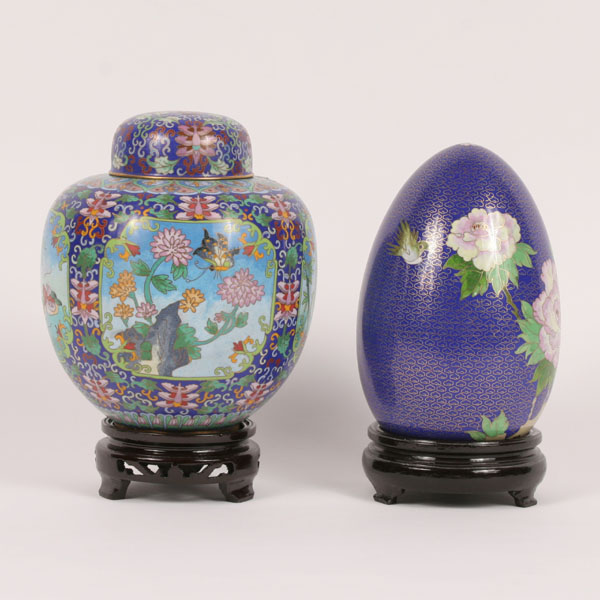 Appraisal: Asian Cloisonne Covered Jar and Egg on Stands Jar H