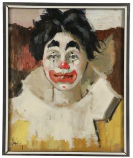 Appraisal: CLOWN PORTRAIT Black Haired Clown in Yellow and White Outfit