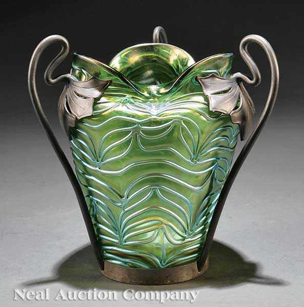 Appraisal: A Continental Iridescent Art Glass and Pewter-Mounted Vase late th