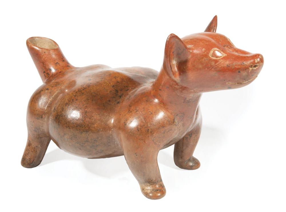 Appraisal: Pre-Columbian or Pre-Columbian-Style Colima Pottery Dog Vessel squat figure tail