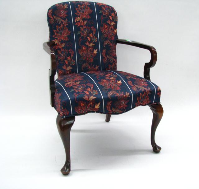 Appraisal: Queen Anne style open arm chair mahogany frame upholstered back