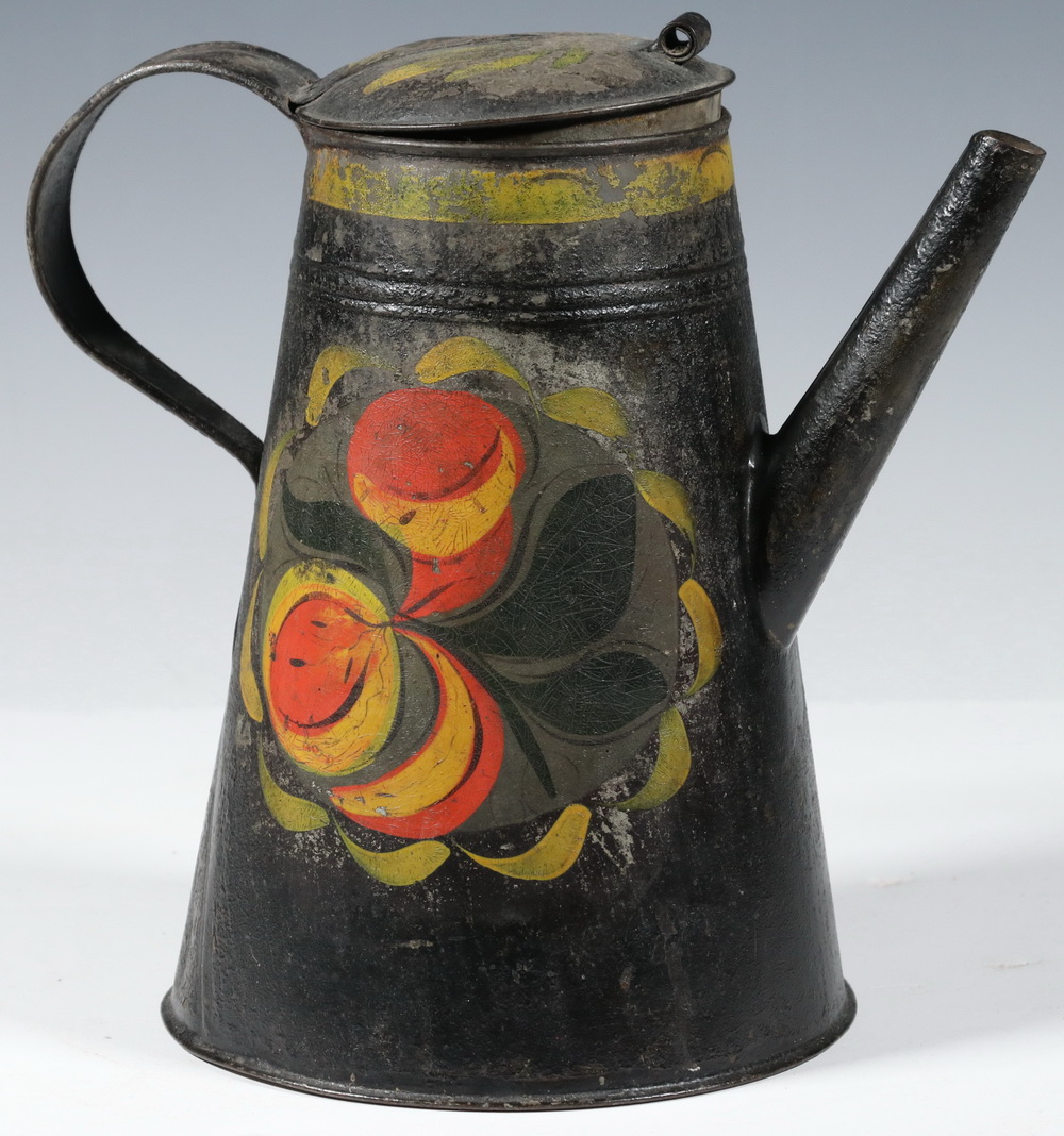 Appraisal: PAINTED TOLEWARE COFFEE POT Circa Pennsylvania Painted Tin Coffee Pot