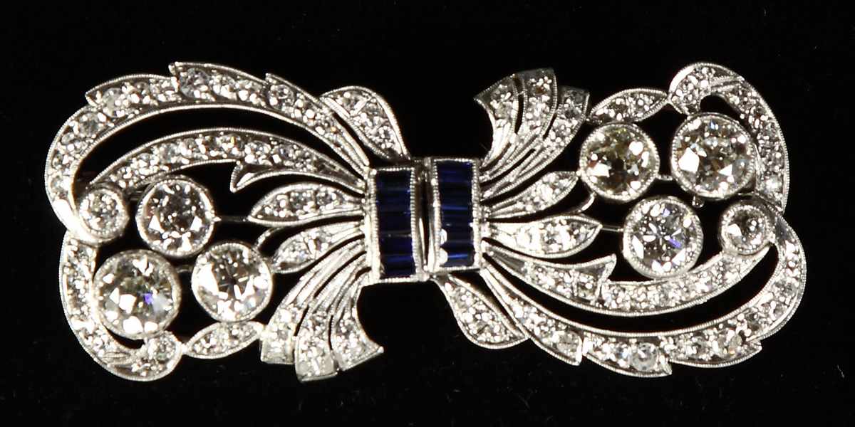 Appraisal: Ladies Vintage Platinum Diamond Sapphire Brooch old cut diamonds ctw