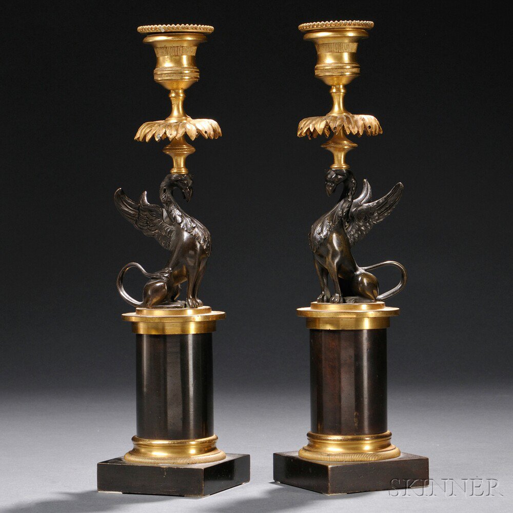 Appraisal: Pair of Neoclassical Patinated Bronze Figural Candlesticks th century each