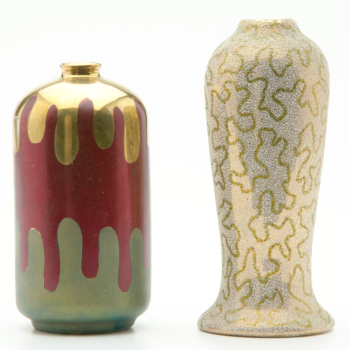 Appraisal: SWASTIKA KERAMOS Two bottle-shaped vases one decorated with beading in