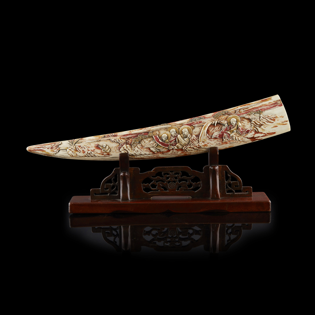 Appraisal: YCARVED STAINED AND GILT IVORY TUSK MEIJI PERIOD deeply carved