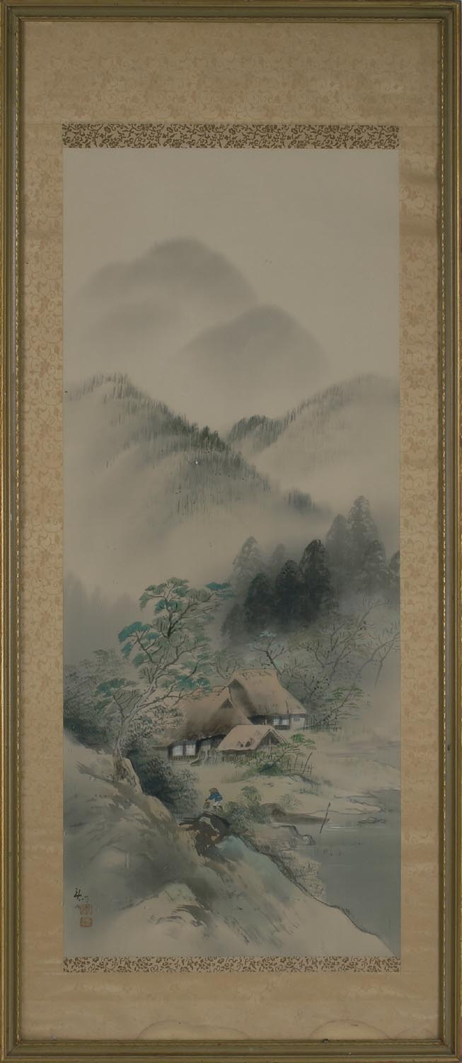 Appraisal: FRAMED PAINTING ON SILK Meiji PeriodDepicting a farmer and farmhouse