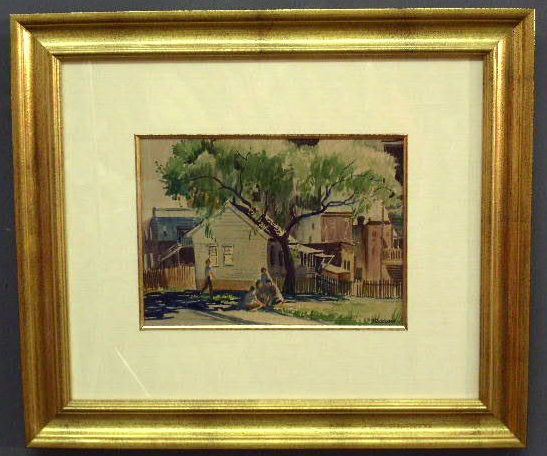 Appraisal: Watercolor painting of a town scene with figures signed Stoddard