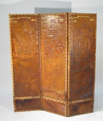 Appraisal: A tooled leather three fold screen by Ada Neville-Rolfe each