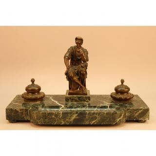 Appraisal: Antique French Bronze Marble Figural Inkwell With a seated figure