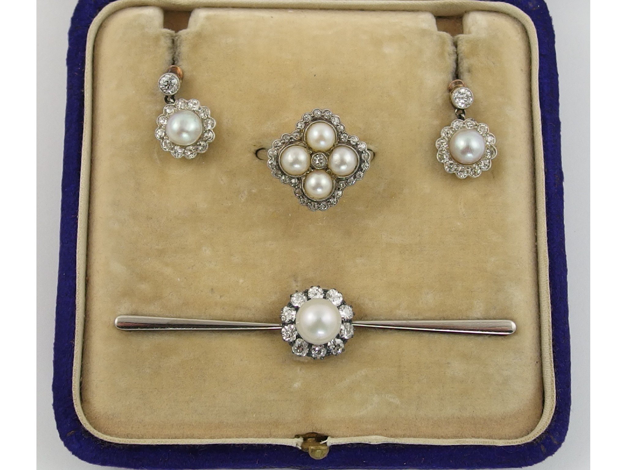 Appraisal: A pearl and diamond suiteall mounted in unhallmarked yellow and