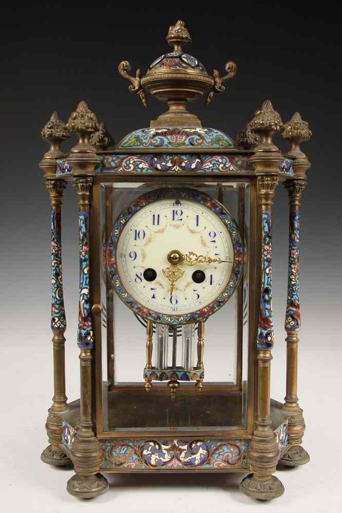 Appraisal: FRENCH MANTEL CLOCK - French Champleve Six-Sided Brass and Crystal