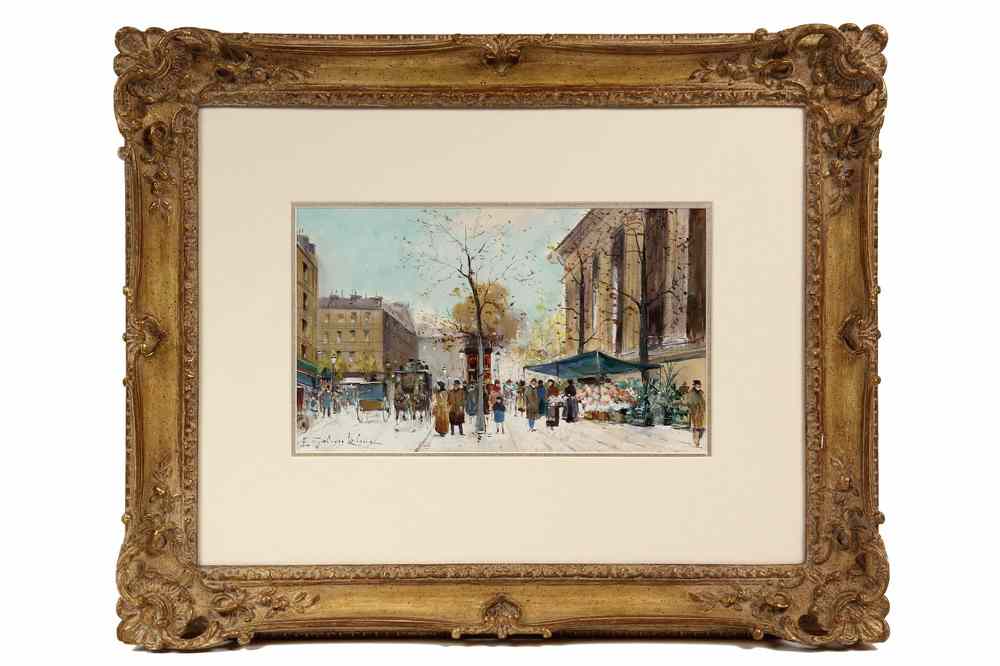 Appraisal: GOUACHE - 'The Paris Flower Market' by Eugene Galien-Laloue French