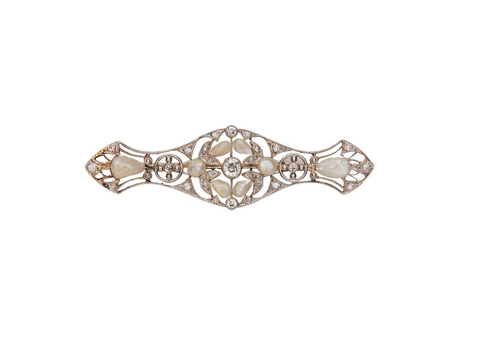 Appraisal: Platinum Pearl and Diamond Brooch Platinum Pearl and Diamond Brooch