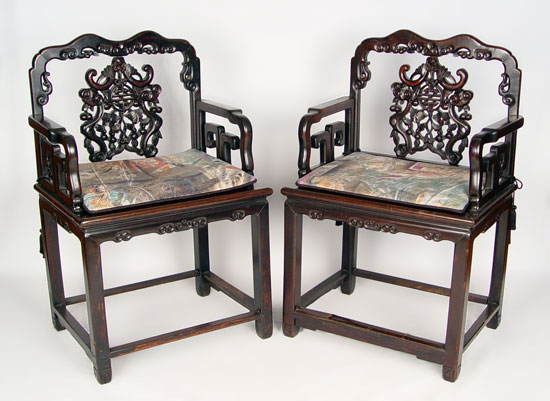 Appraisal: PAIR CHINESE HONG MU ROSEWOOD CHAIRS Reticulated straight back chairs