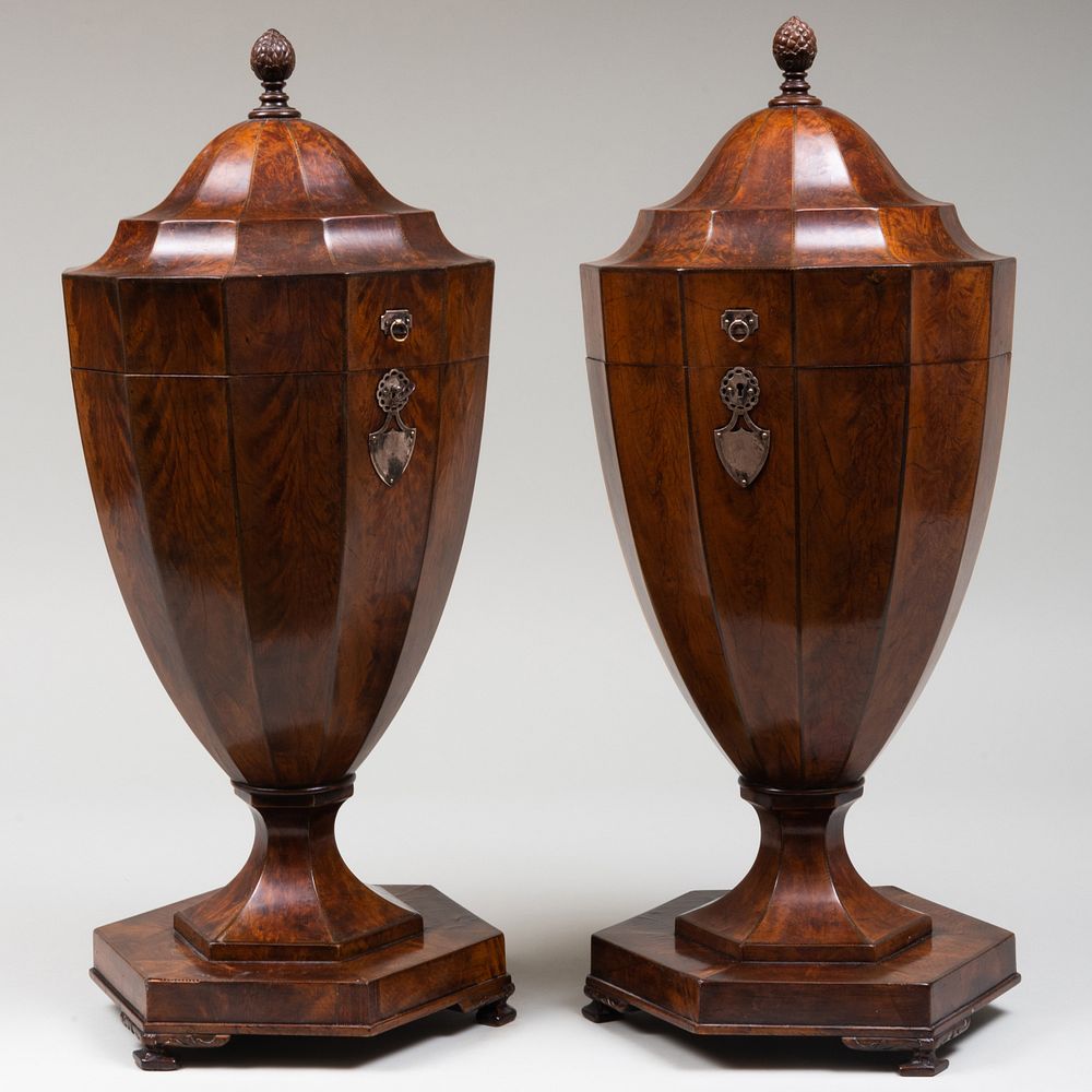 Appraisal: Pair of Regency Inlaid Mahogany Cutlery Urns x in diam