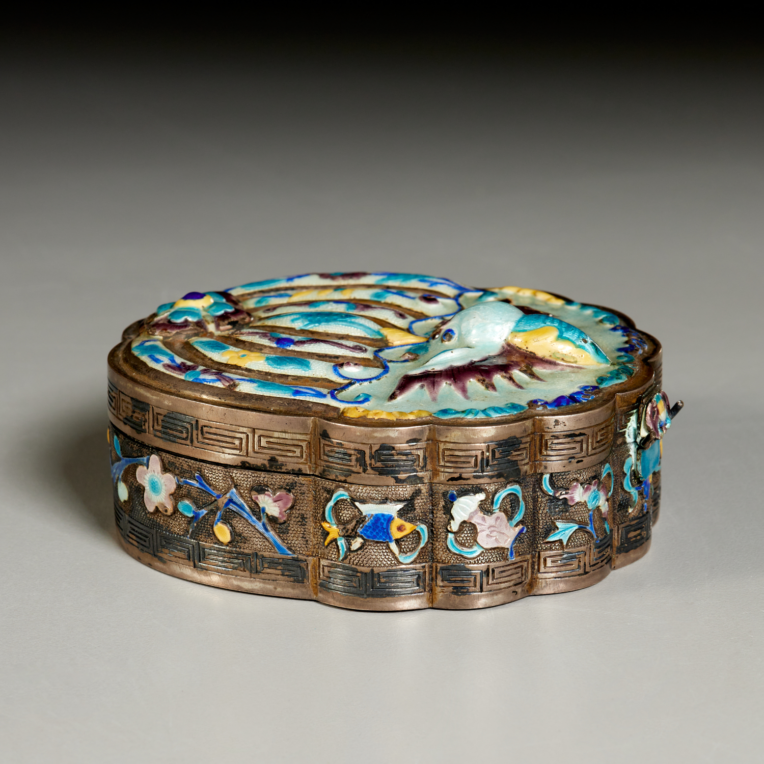 Appraisal: CHINESE SILVER AND ENAMEL BUTTERFLY BOX Qing Dynasty or later